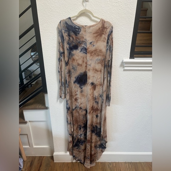 Tie Dye Brown and Blue Maxi Long Sleeved Thermal Dress - Picture 2 of 5